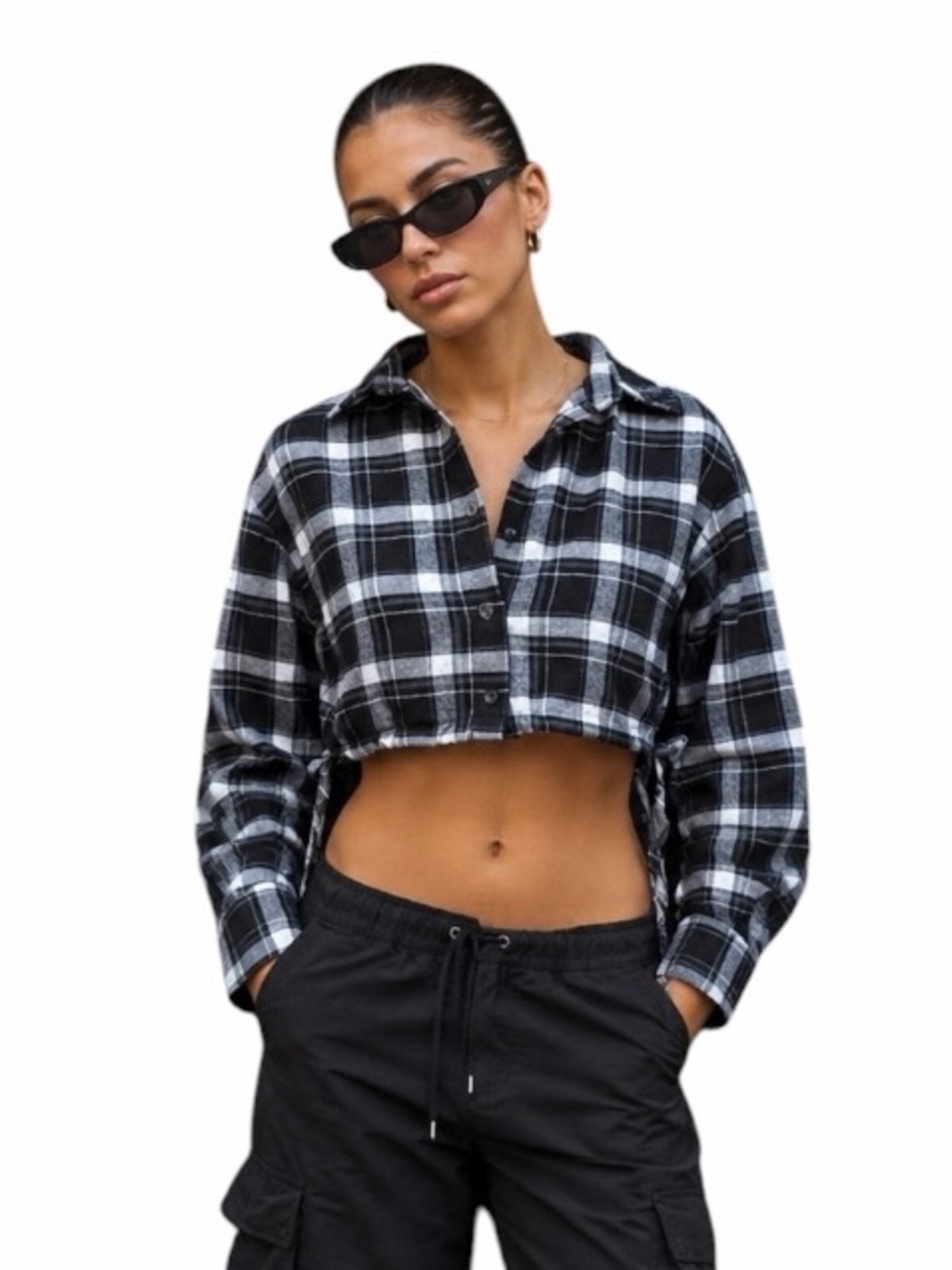 Shein Medium Black White Blue Plaid Cropped Grunge Flannel Streetwear Y2K